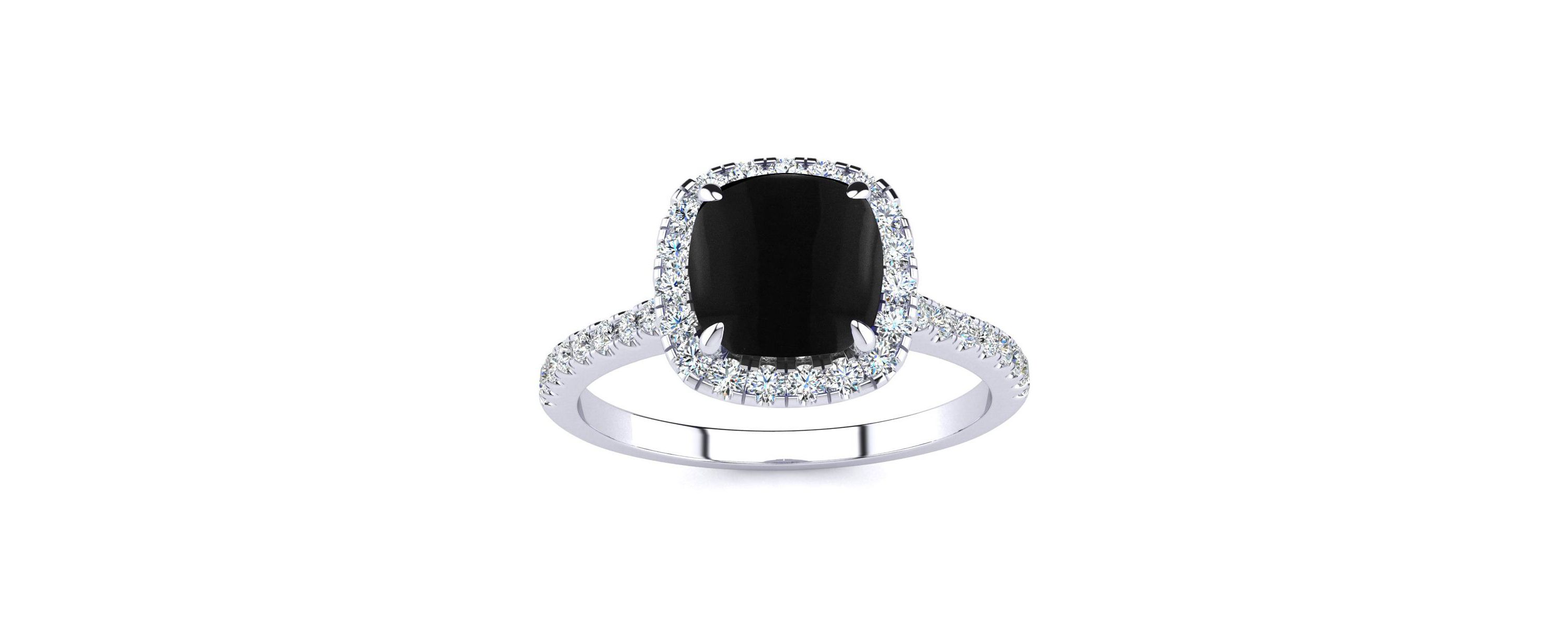 2 ct. t.w. Cushion Cut Black Onyx and Halo Diamond Ring In Sterling Silver