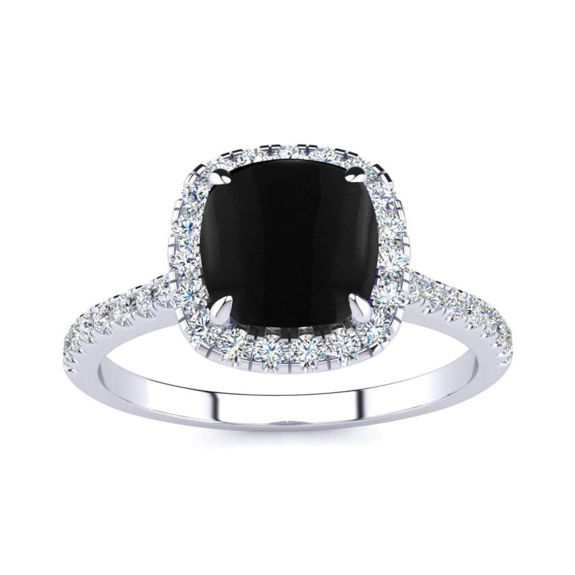 2 ct. t.w. Cushion Cut Black Onyx and Halo Diamond Ring In Sterling Silver
