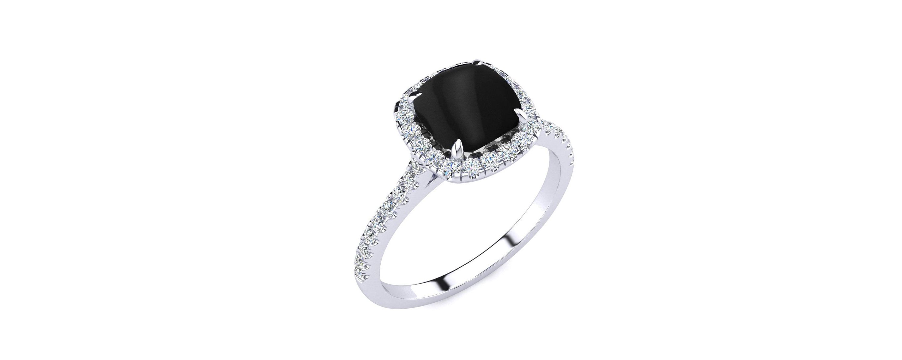 2 ct. t.w. Cushion Cut Black Onyx and Halo Diamond Ring In Sterling Silver