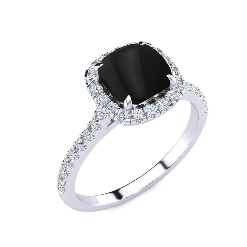 2 ct. t.w. Cushion Cut Black Onyx and Halo Diamond Ring In Sterling Silver