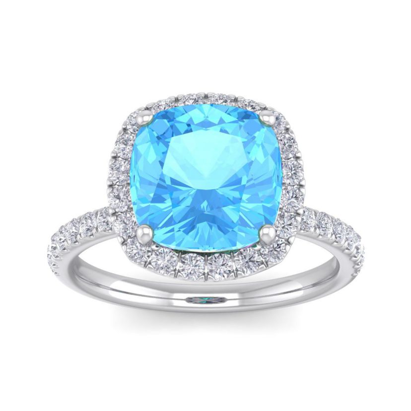 5 1/2 ct. t.w. Cushion Cut Blue Topaz and Double Halo Diamond Ring In Sterling Silver