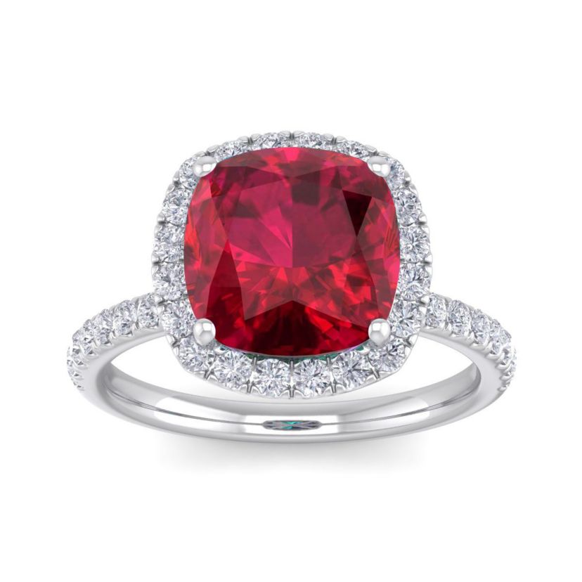 Lab Created 5 1/2 ct. t.w. Cushion Cut Created Ruby and Double Halo Diamond Ring In Sterling Silver