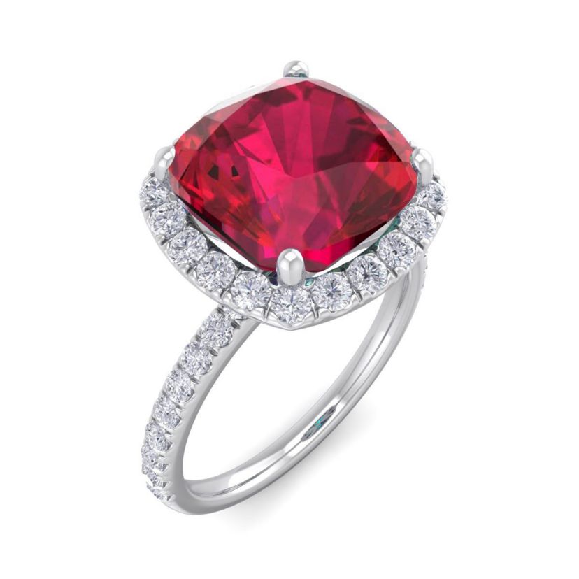 Lab Created 5 1/2 ct. t.w. Cushion Cut Created Ruby and Double Halo Diamond Ring In Sterling Silver