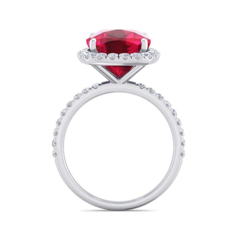 Lab Created 5 1/2 ct. t.w. Cushion Cut Created Ruby and Double Halo Diamond Ring In Sterling Silver