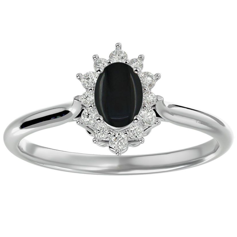 2/3 ct. t.w. Oval Shape Black Onyx and Halo Diamond Ring In Sterling Silver