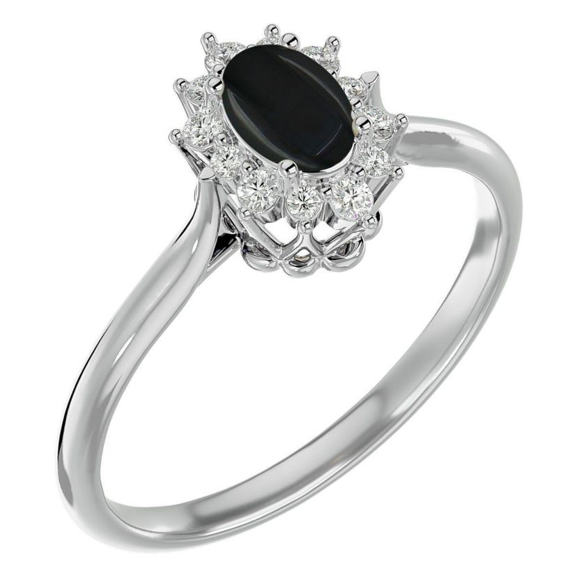 2/3 ct. t.w. Oval Shape Black Onyx and Halo Diamond Ring In Sterling Silver