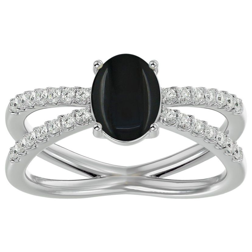 1 1/2 ct. t.w. Oval Shape Black Onyx and Halo Diamond Ring In Sterling Silver