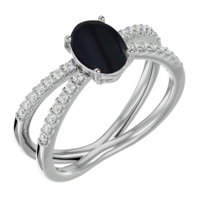 1 1/2 Carat Oval Shape Black Onyx and Halo Diamond Ring Sterling Silver