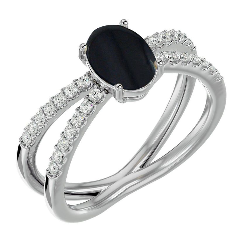 1 1/2 ct. t.w. Oval Shape Black Onyx and Halo Diamond Ring In Sterling Silver