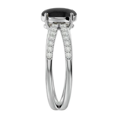 1 1/2 Carat Oval Shape Black Onyx and Halo Diamond Ring Sterling Silver