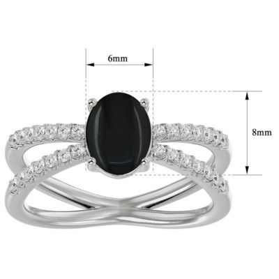 1 1/2 Carat Oval Shape Black Onyx and Halo Diamond Ring Sterling Silver