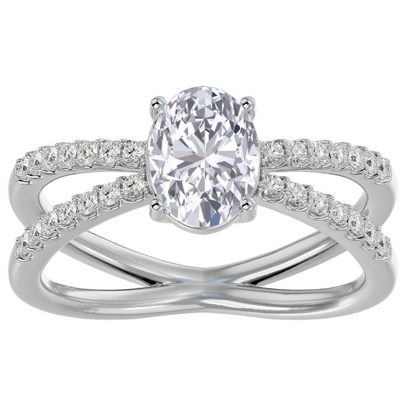 Lab Created 1 1/2 ct. t.w. Oval Shape Moissanite and Halo Diamond Ring In Sterling Silver