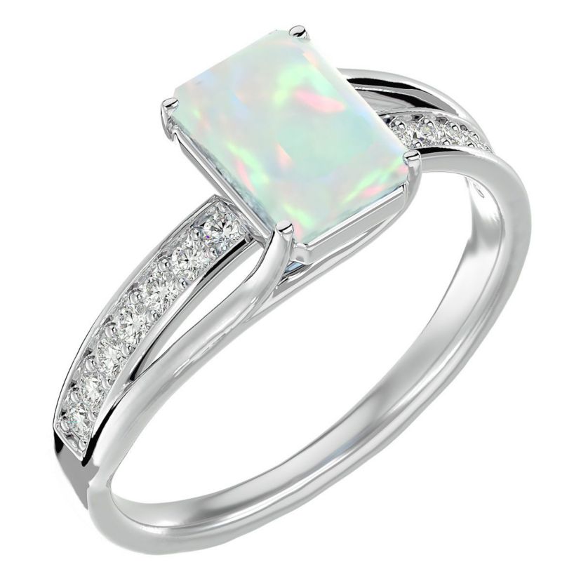 Lab Created 1 3/4 ct. t.w. Emerald Shape Created Opal and Diamond Ring In Sterling Silver