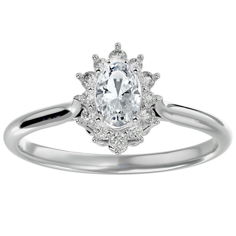 Lab Created 2/3 ct. t.w. Oval Shape Moissanite and Halo Diamond Ring In Sterling Silver