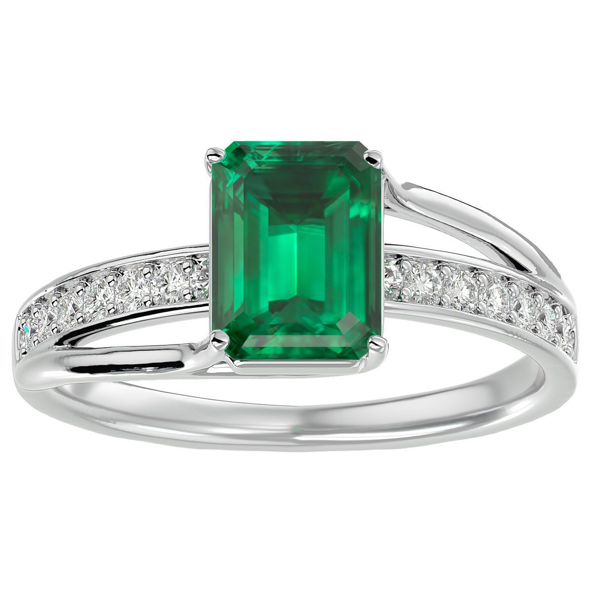 Lab Created 1 3/4 Carat Emerald Shape Created Emerald and Diamond Ring In Sterling Silver