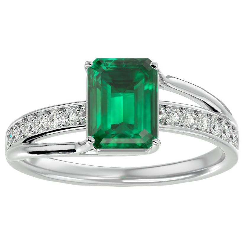 Lab Created 1 3/4 Carat Emerald Shape Created Emerald and Diamond Ring In Sterling Silver