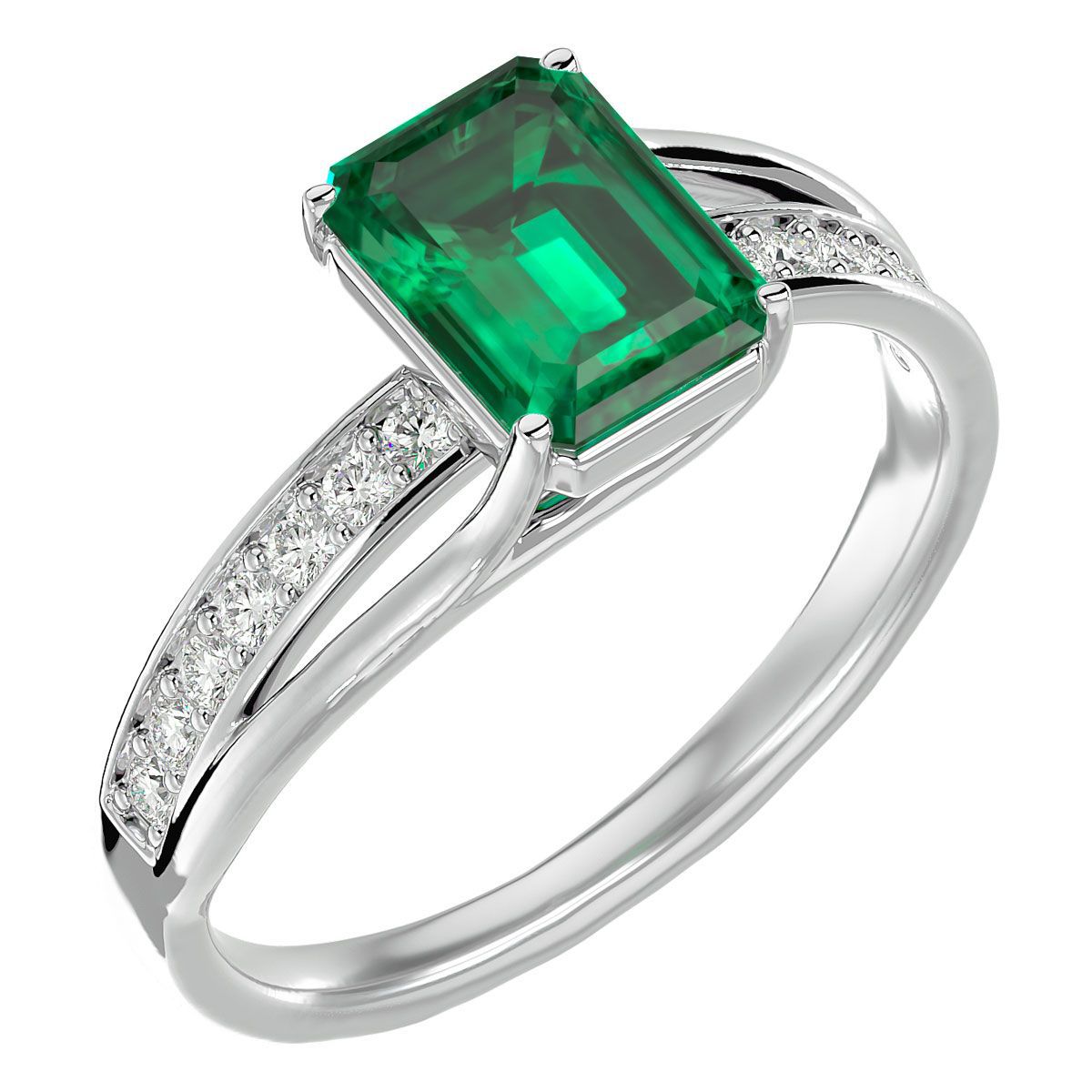 Lab Created 1 3/4 Carat Emerald Shape Created Emerald and Diamond Ring In Sterling Silver