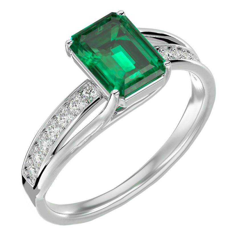Lab Created 1 3/4 Carat Emerald Shape Created Emerald and Diamond Ring In Sterling Silver
