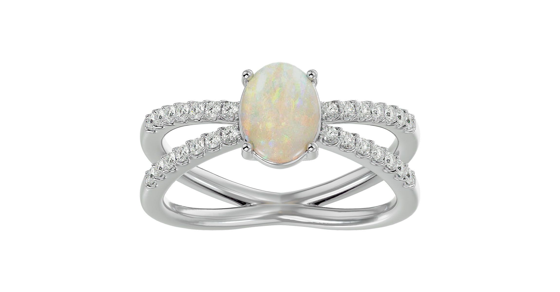 Lab Created 1 1/2 ct. t.w. Oval Shape Created Opal and Halo Diamond Ring In Sterling Silver