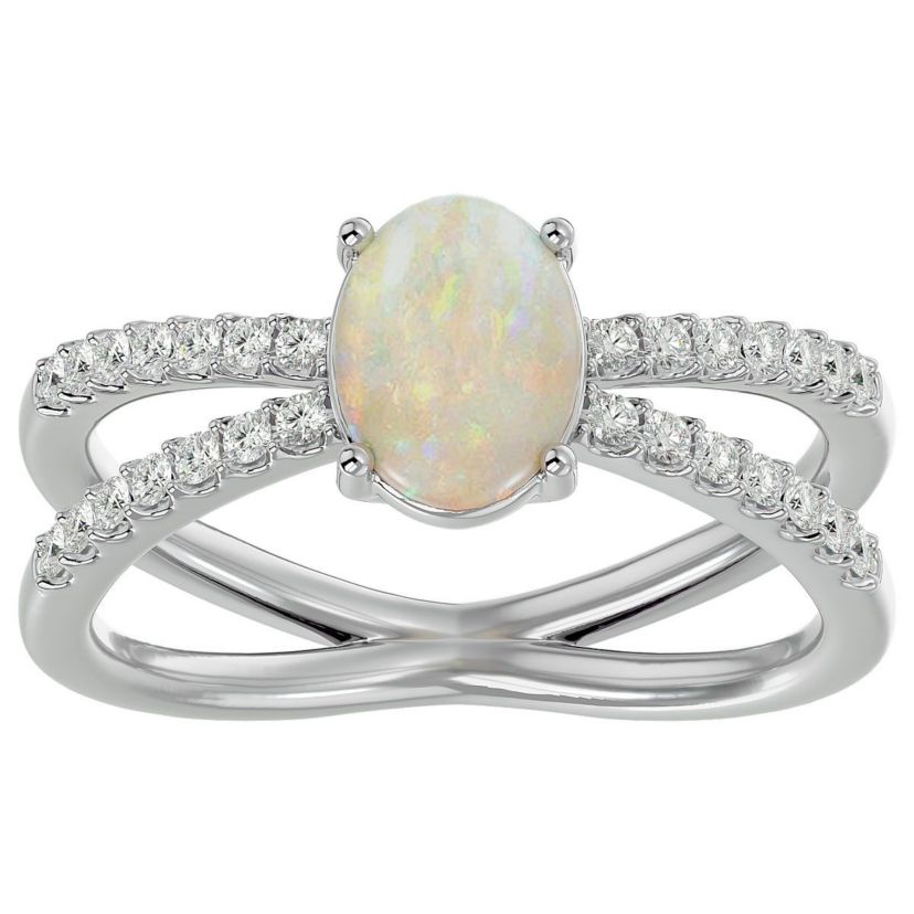 Lab Created 1 1/2 ct. t.w. Oval Shape Created Opal and Halo Diamond Ring In Sterling Silver