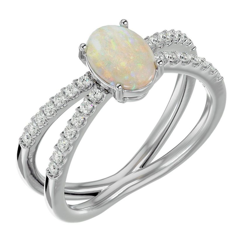 Lab Created 1 1/2 ct. t.w. Oval Shape Created Opal and Halo Diamond Ring In Sterling Silver