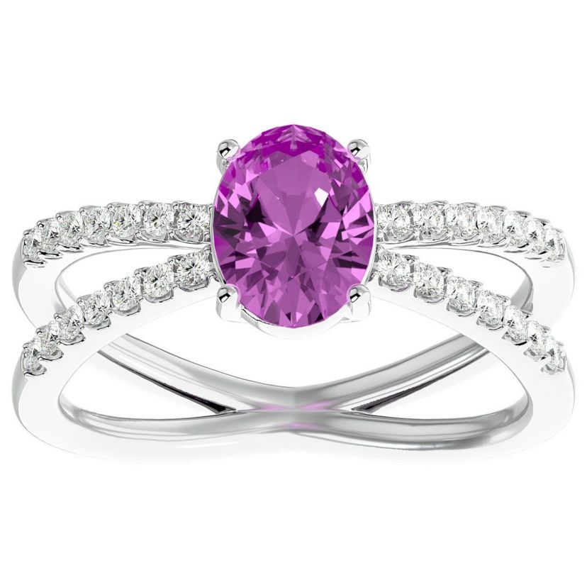 Lab Created 1 1/2 ct. t.w. Oval Shape Created Pink Sapphire and Halo Diamond Ring In Sterling Silver