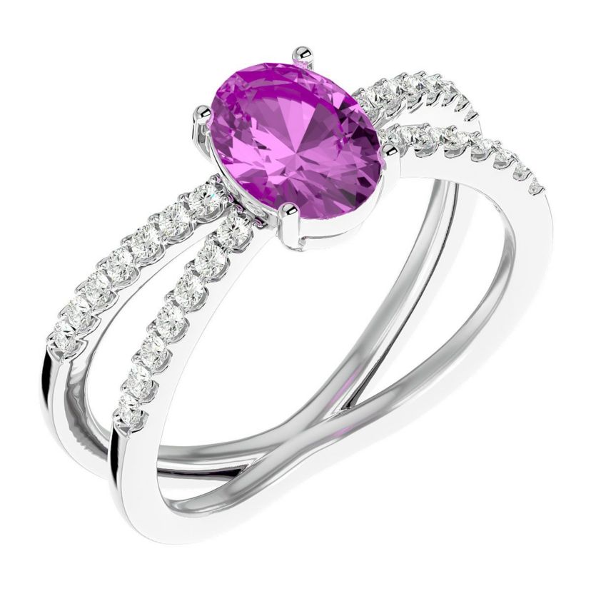Lab Created 1 1/2 ct. t.w. Oval Shape Created Pink Sapphire and Halo Diamond Ring In Sterling Silver