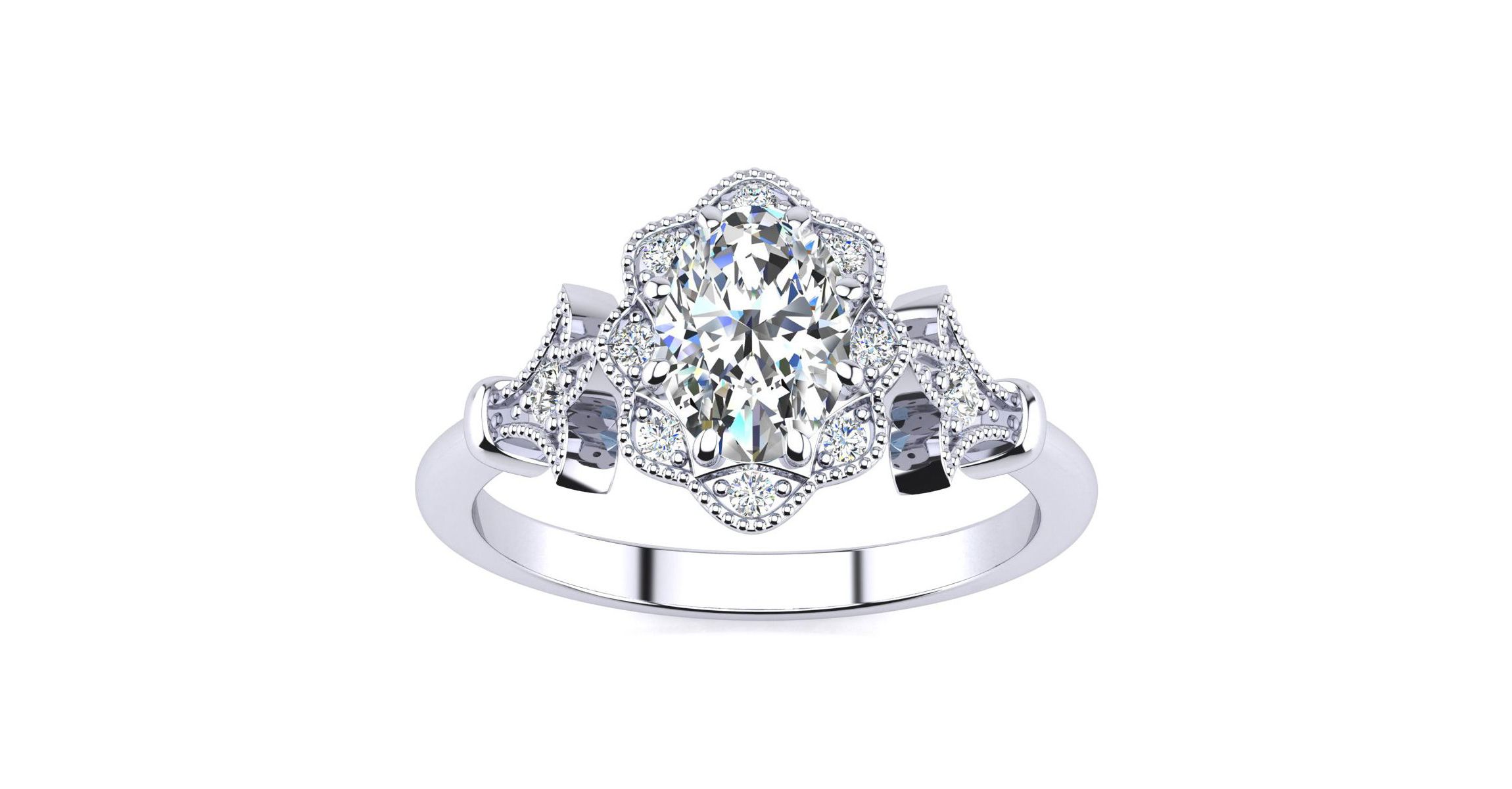 Lab Created 1 ct. t.w. Oval Shape Moissanite and Halo Diamond Ring In Sterling Silver