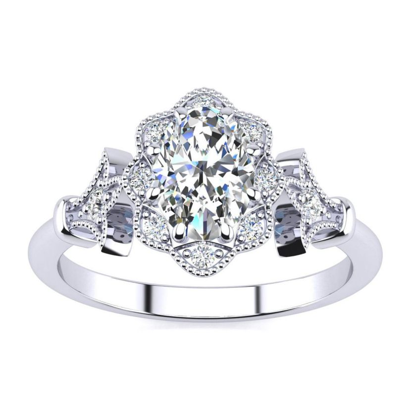 Lab Created 1 ct. t.w. Oval Shape Moissanite and Halo Diamond Ring In Sterling Silver