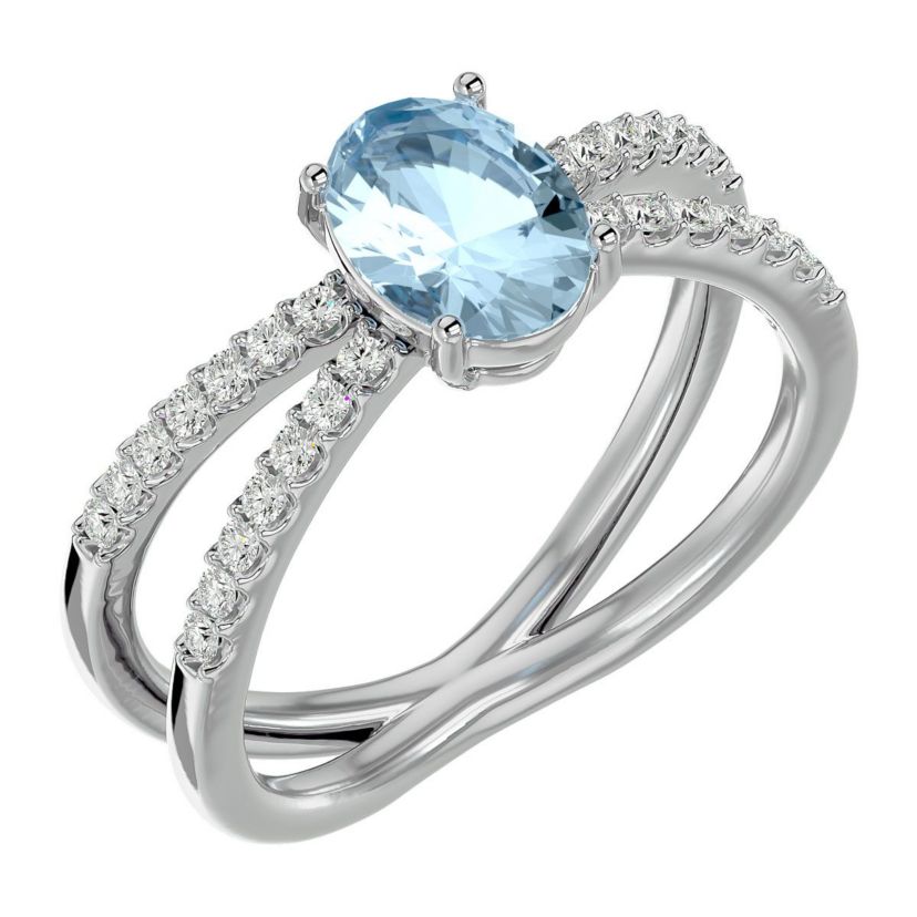 1 1/2 ct. t.w. Oval Shape Aquamarine and Halo Diamond Ring In Sterling Silver