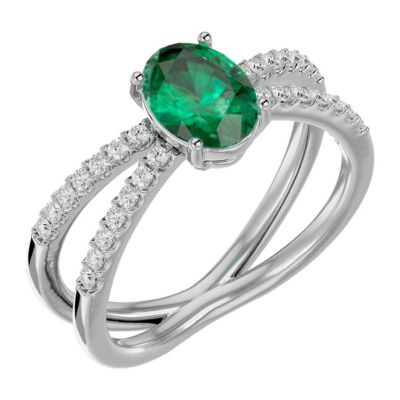 Lab Created 1 1/2 Carat Oval Shape Emerald and Halo Diamond Ring Sterling Silver