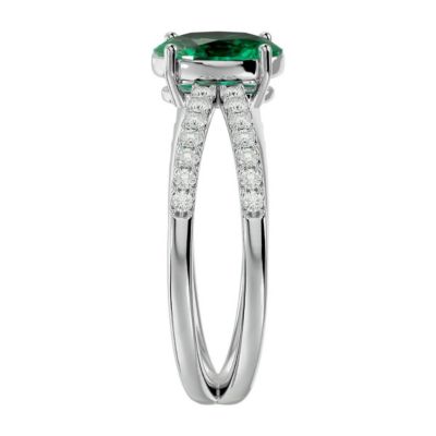 Lab Created 1 1/2 Carat Oval Shape Emerald and Halo Diamond Ring Sterling Silver