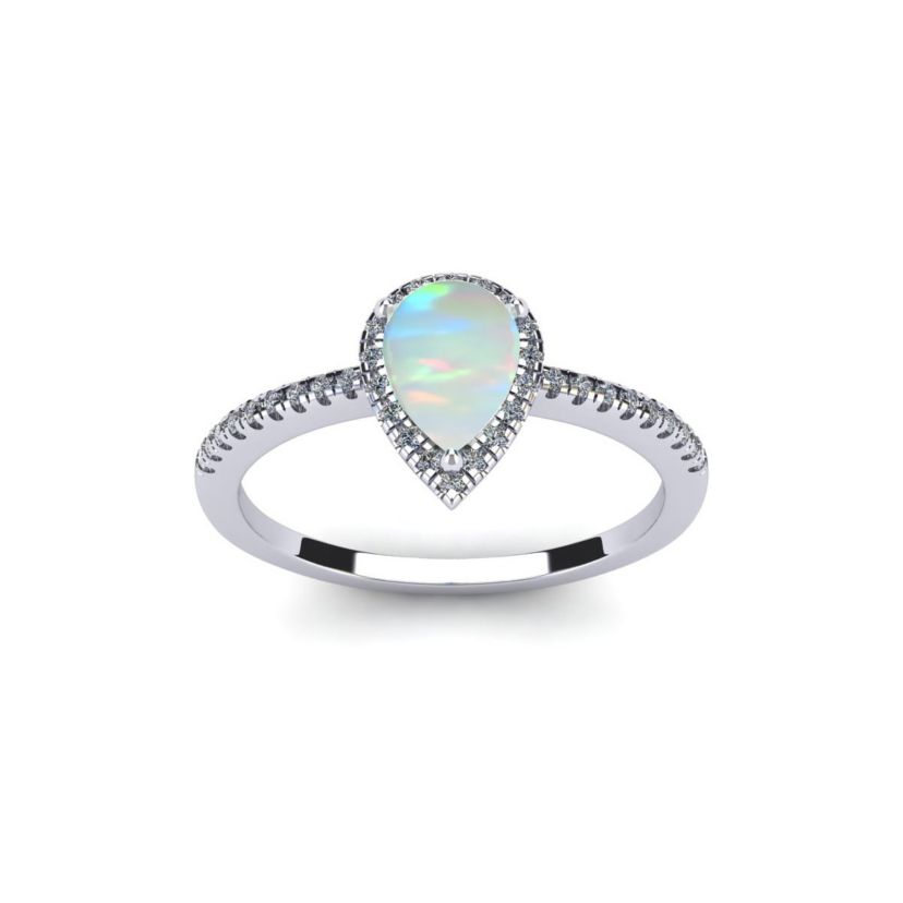 Lab Created 1cttw Pear Shape Created Opal and Halo Diamond Ring In Sterling Silver