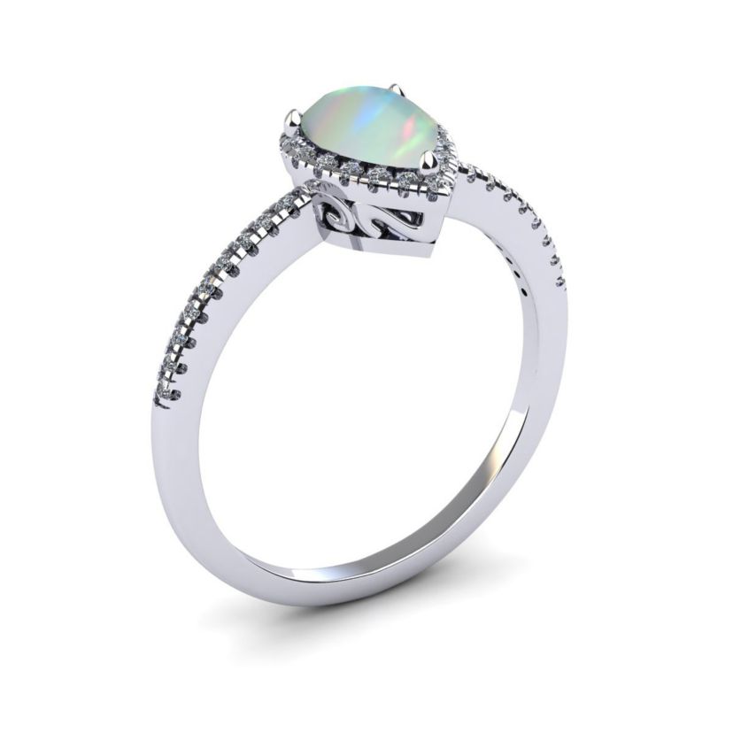 Lab Created 1cttw Pear Shape Created Opal and Halo Diamond Ring In Sterling Silver