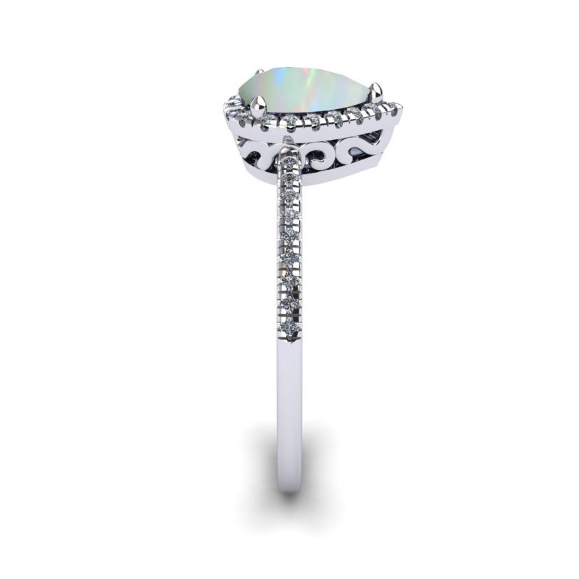 Lab Created 1cttw Pear Shape Created Opal and Halo Diamond Ring In Sterling Silver