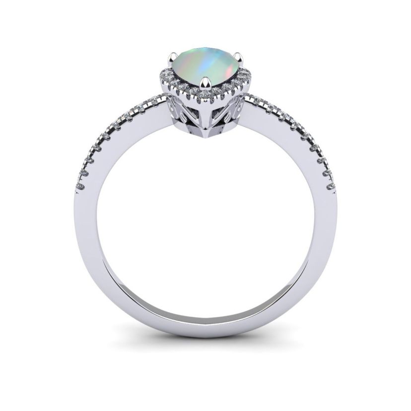 Lab Created 1cttw Pear Shape Created Opal and Halo Diamond Ring In Sterling Silver