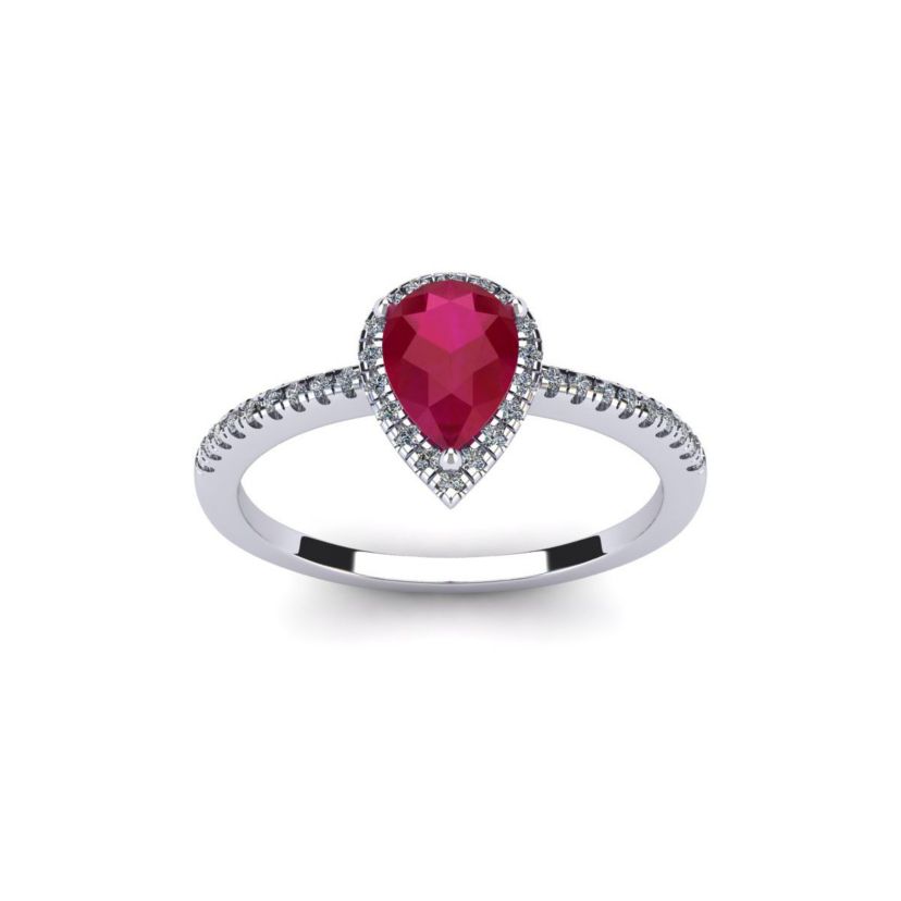 Lab Created 1cttw Pear Shape Created Ruby and Halo Diamond Ring In Sterling Silver