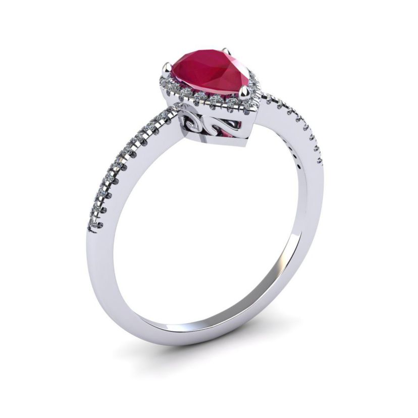 Lab Created 1cttw Pear Shape Created Ruby and Halo Diamond Ring In Sterling Silver