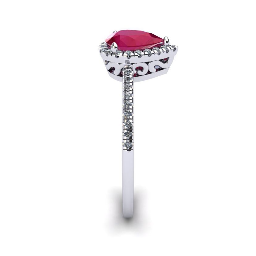 Lab Created 1cttw Pear Shape Created Ruby and Halo Diamond Ring In Sterling Silver