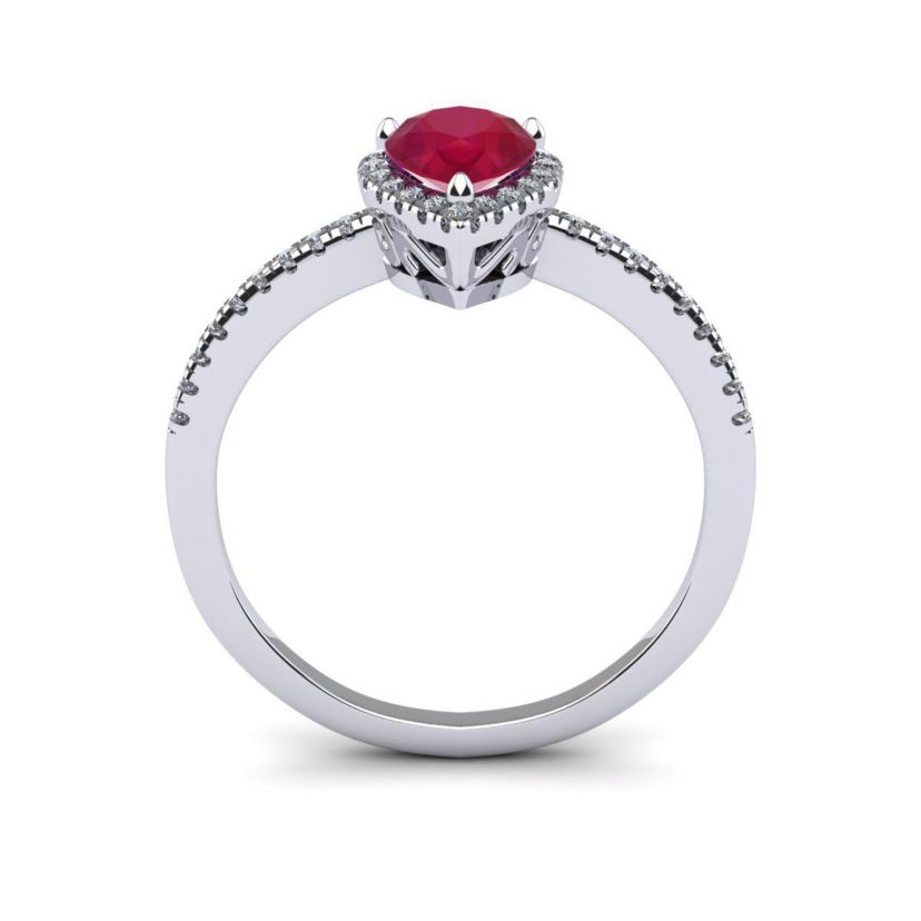Lab Created 1cttw Pear Shape Created Ruby and Halo Diamond Ring In Sterling Silver