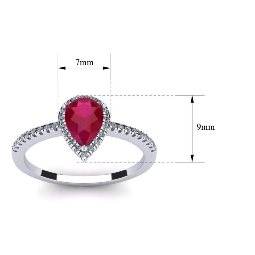 Lab Created 1cttw Pear Shape Created Ruby and Halo Diamond Ring In Sterling Silver