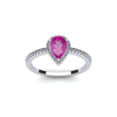 Lab Created 1cttw Pear Shape Pink Sapphire and Halo Diamond Ring Sterling Silver