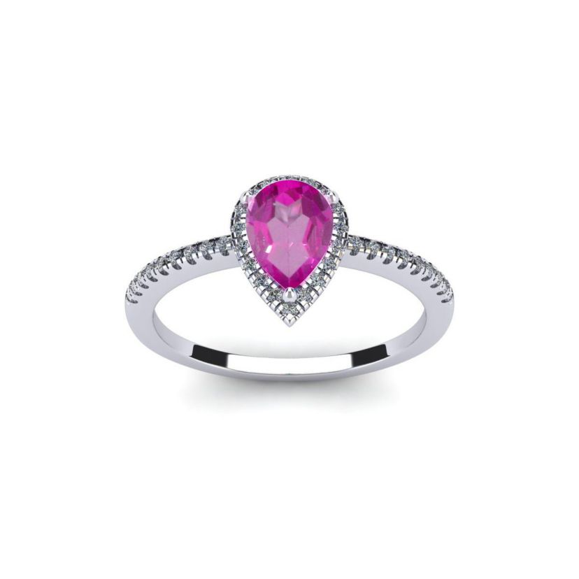Lab Created 1cttw Pear Shape Created Pink Sapphire and Halo Diamond Ring In Sterling Silver