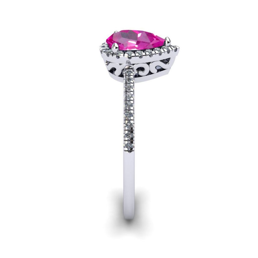 Lab Created 1cttw Pear Shape Created Pink Sapphire and Halo Diamond Ring In Sterling Silver