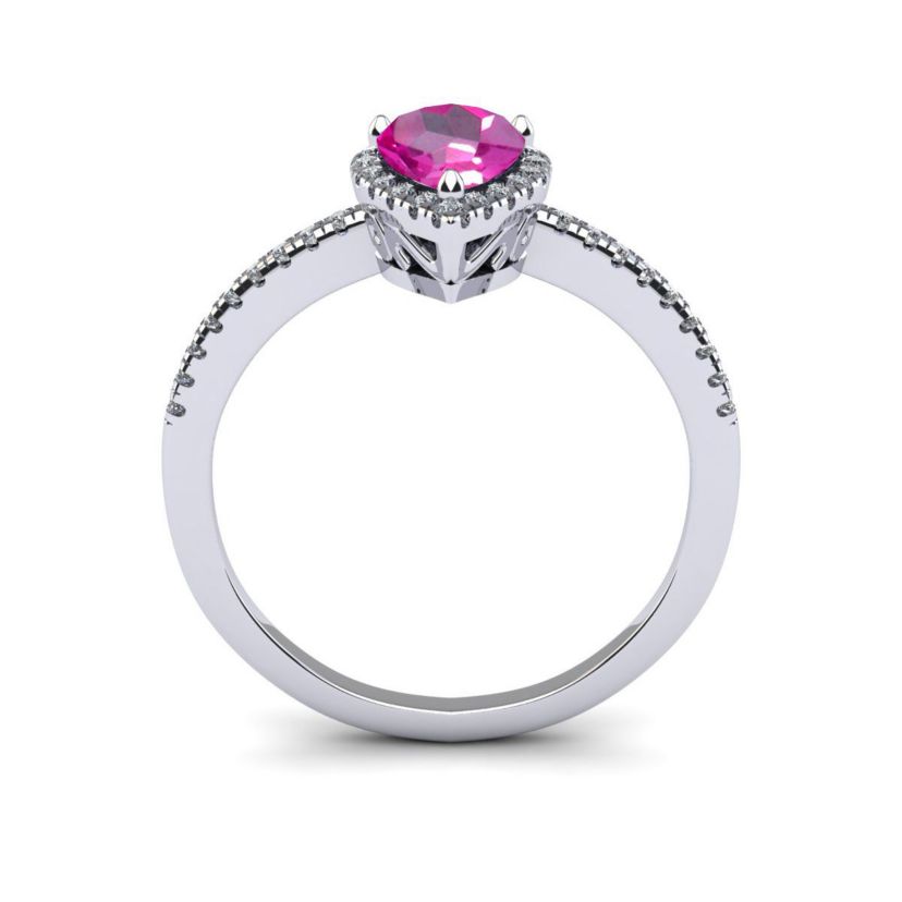 Lab Created 1cttw Pear Shape Created Pink Sapphire and Halo Diamond Ring In Sterling Silver
