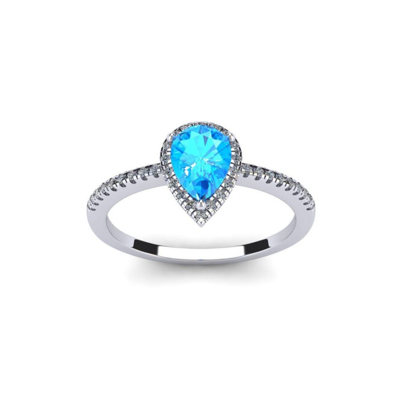 1cttw Pear Shape Blue Topaz and Halo Diamond Ring In Sterling Silver