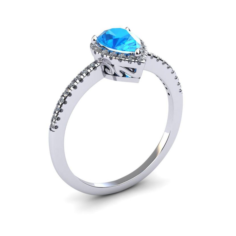 1cttw Pear Shape Blue Topaz and Halo Diamond Ring In Sterling Silver