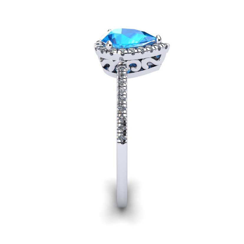 1cttw Pear Shape Blue Topaz and Halo Diamond Ring In Sterling Silver