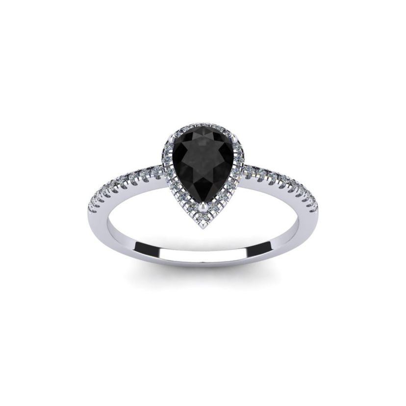 1cttw Pear Shape Black Onyx and Halo Diamond Ring In Sterling Silver