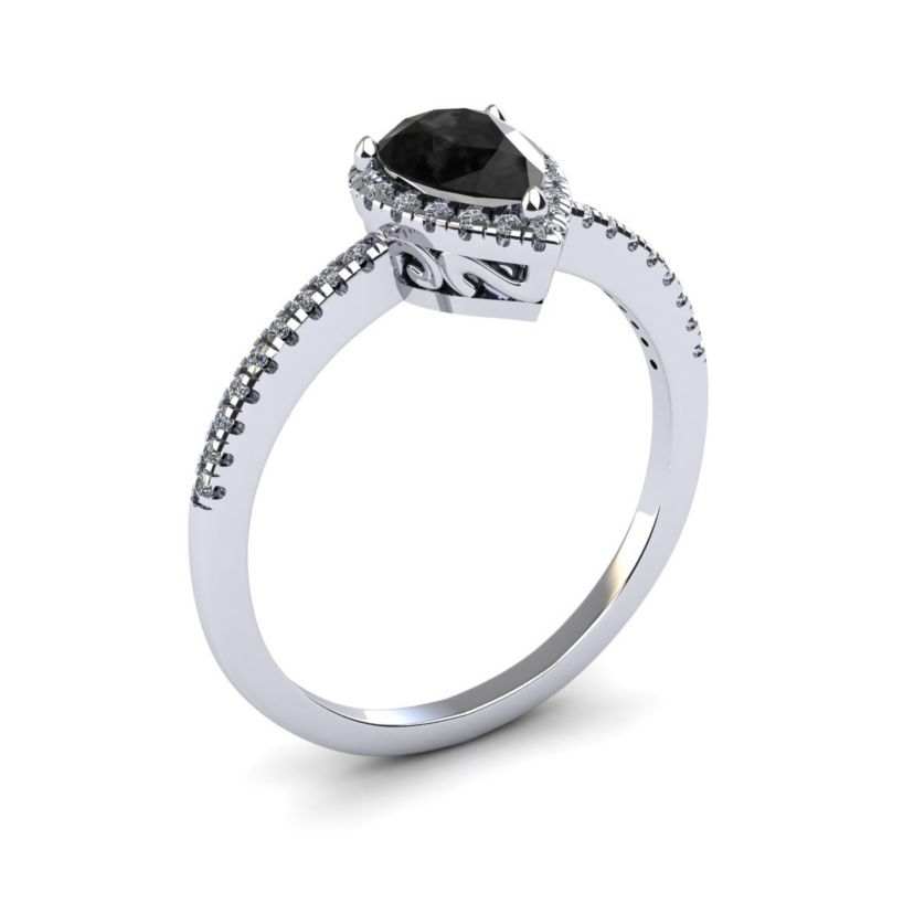 1cttw Pear Shape Black Onyx and Halo Diamond Ring In Sterling Silver